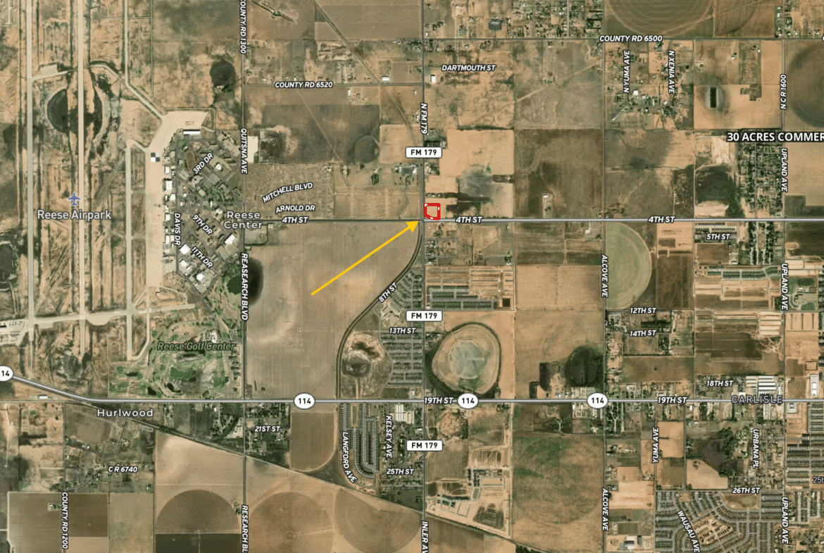 Area map showing the 3.5 acre commercial corner at FM 179 and 4th Street in Lubbock, TX