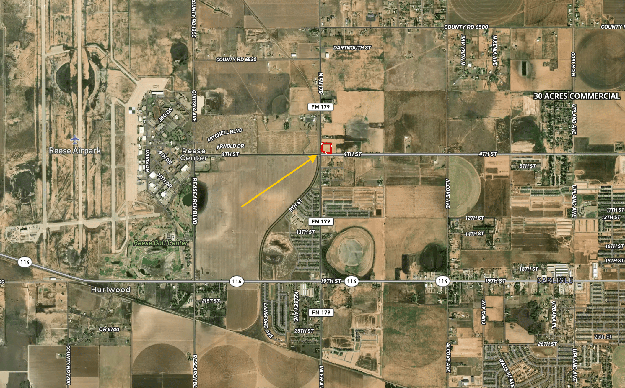 Area map showing the 3.5 acre commercial corner at FM 179 and 4th Street in Lubbock, TX