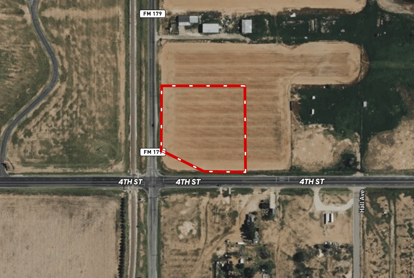 Parcel map outlining the 3.5 acre corner tract at FM 179 and 4th Street in Lubbock, TX