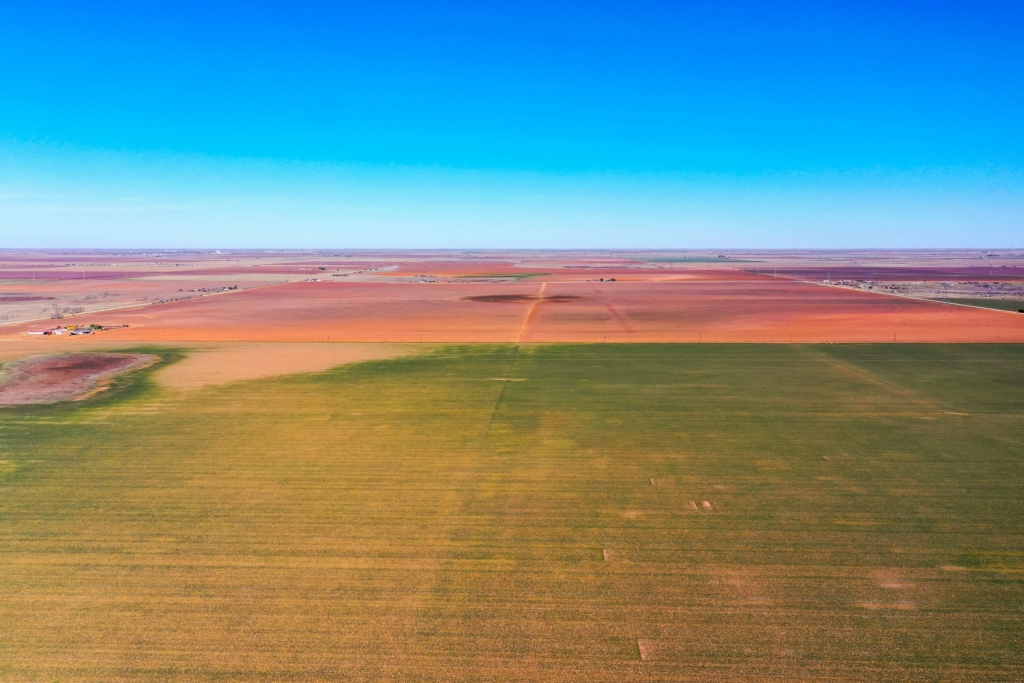 Aerial view of open cropland in Lubbock County, TX